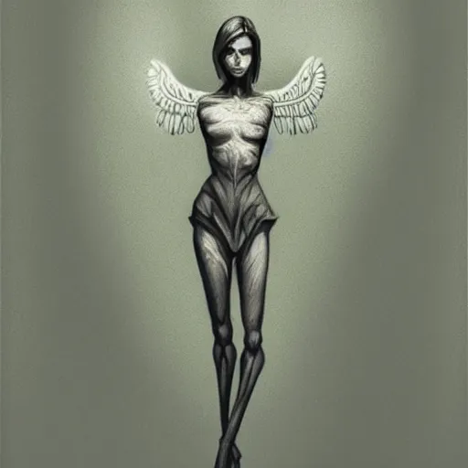 Image similar to modern Angel standing in the front of a forest . Angel is anatomical. Medical picture.Digital painting. Art station. Mood lighting. Skindness, highly detailed, concept art, intricate, sharp focus, man ray - h 1200