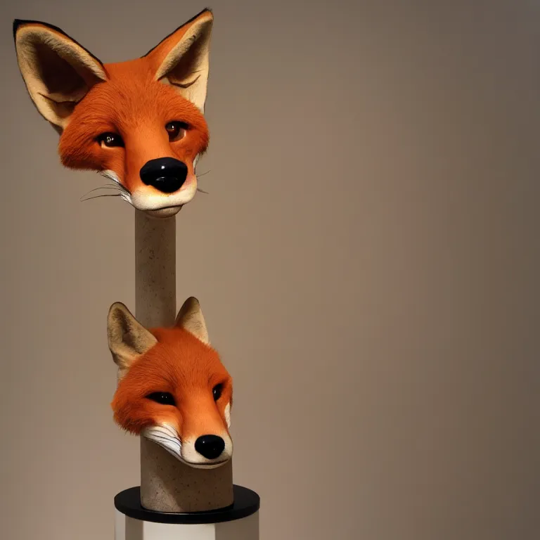 Prompt: hyperrealistic sculpture of a giant fox head on a pedestal by ron mueck and pixar and duane hanson, hyperrealistic dramatic lighting trending on artstation 8 k