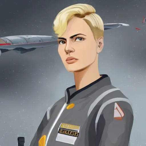 Prompt: character concept art of stoic heroic emotionless handsome blond butch tomboy woman with very short slicked-back hair, no makeup, in dirty and worn flight suit, science fiction, illustration