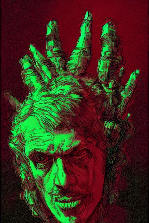 Prompt: hallucinogenic draconian,in the style of Richard Corben and Eva Widermann and David A. Cherry,trending on artstation, spectral lighting closeup view,Sabattier filter ,anaglyph filter ,macro,Eraserhead ,sketched ,