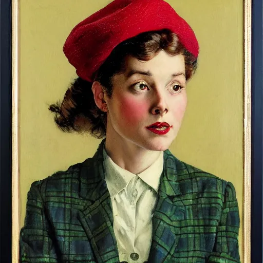 Image similar to portrait of a woman wearing a plaid blazer and red beret, by norman rockwell.