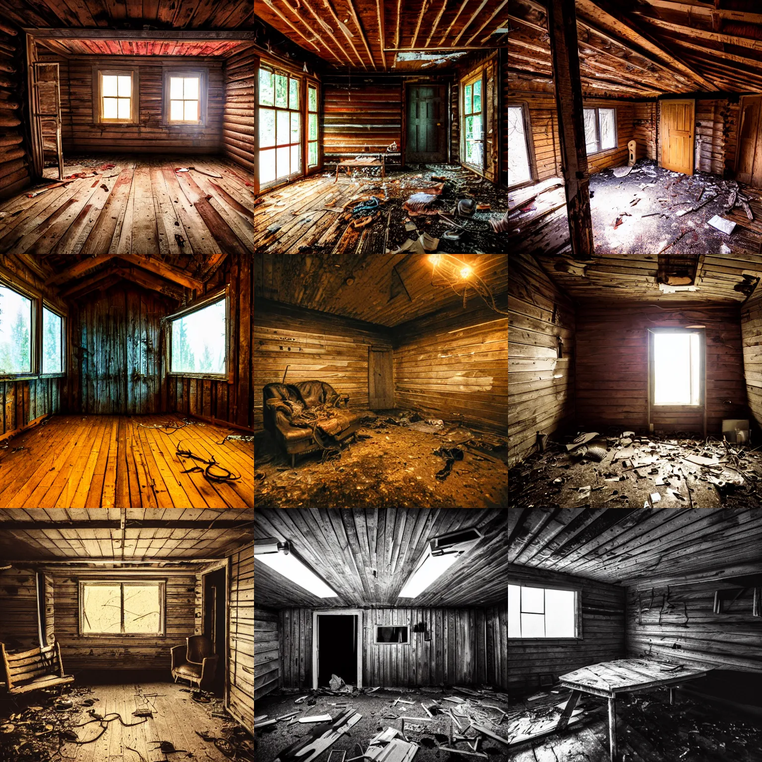 Prompt: empty abandoned cabin, at night, a single light source, travel photography, night photography, junk everywhere, posters on the wall, broken windows, tentacles growing from the floor to the ceiling, motion blur, depth of field!