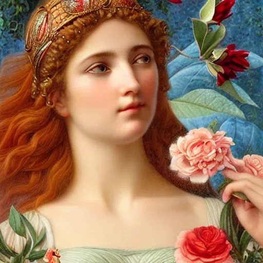 Prompt: realistic detailed close up beautiful Pre-Rafaelite portrait of goddess Aphrodite by John William Godward, Anna Dittman, and Karol Bak, gorgeous eyes, white dove, pomegranates, roses and gladioli, golden ornamental background, face in focus, Art Nouveau, Neoclassical, beautiful deep colors,