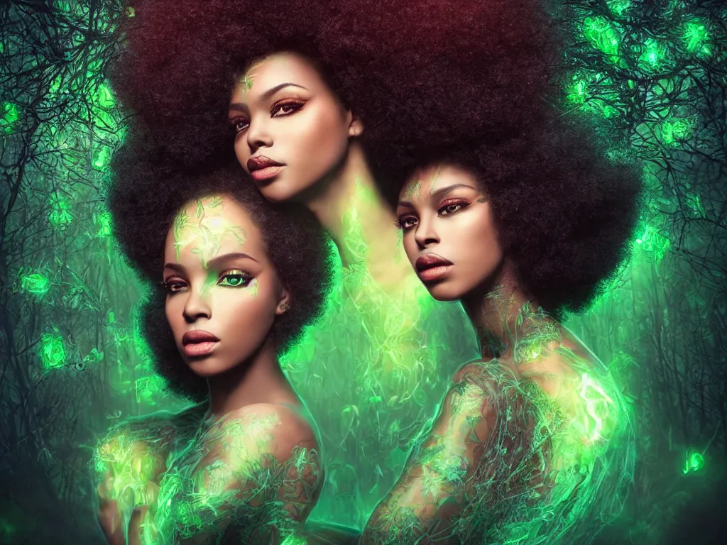 Prompt: beautiful portrait of one goddess with gorgeous afro hair with deep emerald eyes, Afrofuturism style, neo-gothic bioluminescent woodland details in the background, moody volumetric lighting, 4K