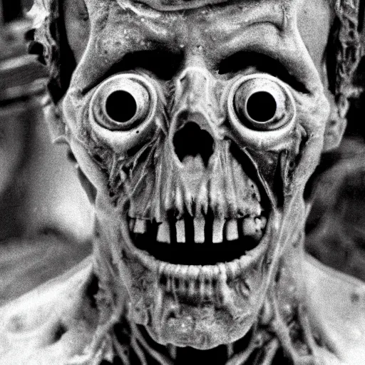 Prompt: real life sentient and composed irradiated undead with acute radiation sickness flaking, melting, rotting skin 1950s nuclear wasteland black and white award winning photo highly detailed, highly in focus, highly life-like, facial closeup taken on Arriflex 35 II, by stanley kubrick