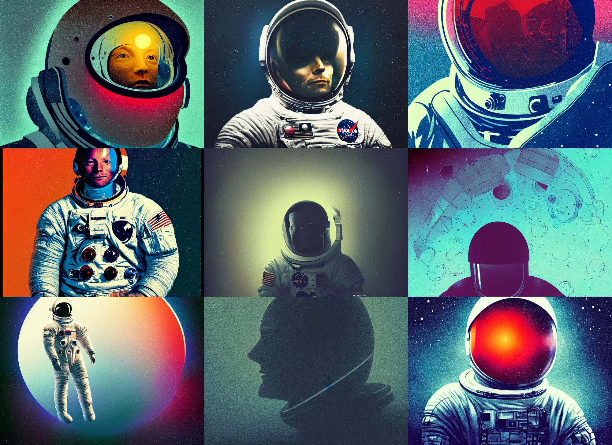 Prompt: portrait of astronaut neil armstrong, colorful, modern art deco, mads berg, karolis strautniekas, christopher balaskas, stippled light, moody, fine texture, editorial illustration, dramatic lighting, dynamic composition, detailed, matte print, dynamic perspective, muted color, ( ( victo ngai ) ), wide angle, low fog