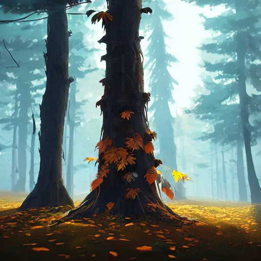 Image similar to a tall old tree with golden leaves, characterized by roman shipunov, etienne hebinger, atey ghailan, cgsociety, cynical realism, fantasy art, 2 d game art