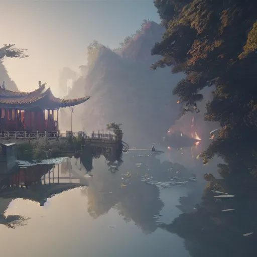 Prompt: china, 8 k uhd, unreal engine, reflected chrome octane render in the artstyle of greg rutkowski