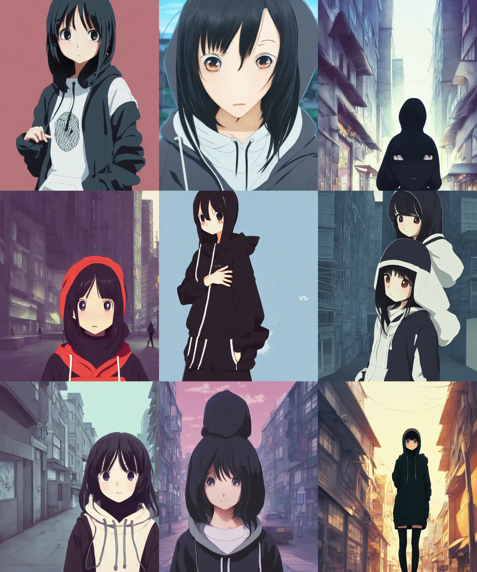 Prompt: anime visual, illustration of a young black haired girl wearing hoodie on the detailed city street background, cute face by yoh yoshinari, katsura masakazu, studio lighting, full body shot, strong silhouette, zoom out, ilya kuvshinov, cel shaded, crisp and sharp, rounded eyes, bright daylight moody