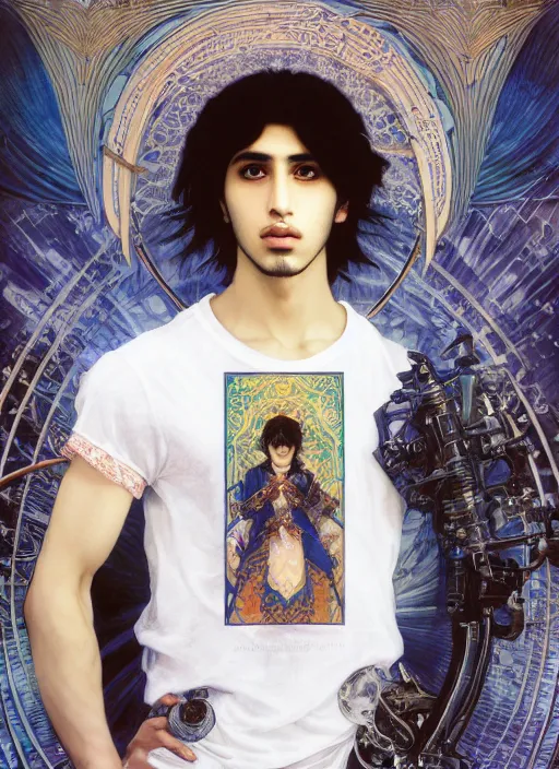 Image similar to beautiful medium shot portrait of a young arabic man inspired by ayami kojima with short hair dressed with a white t - shirt looking into the camera from three - quarters, white background white bank studio light, art by yoshitaka amano, alfons mucha, final fantasy, high quality, 8 k