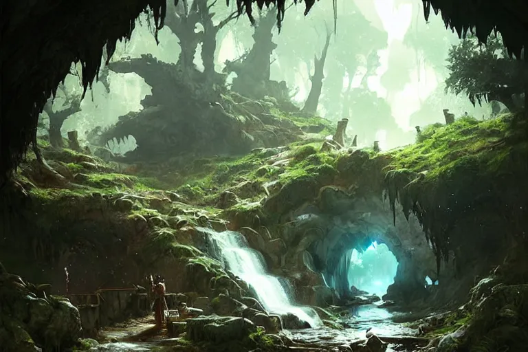 Prompt: cave entrance surrounded by trees with a small water stream coming out of it, fantasy, highly detailed, art by greg rutkowski