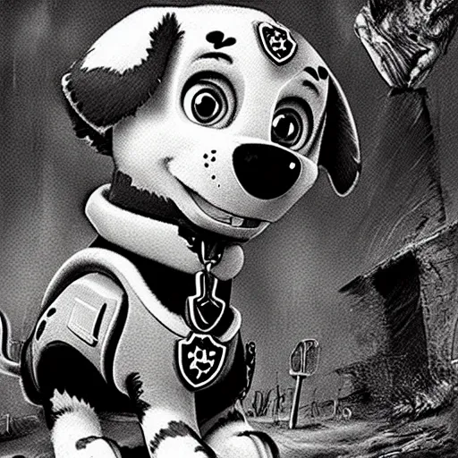 Prompt: Paw patrol, Stephen Gammell style, Scary Stories, horror, black and white