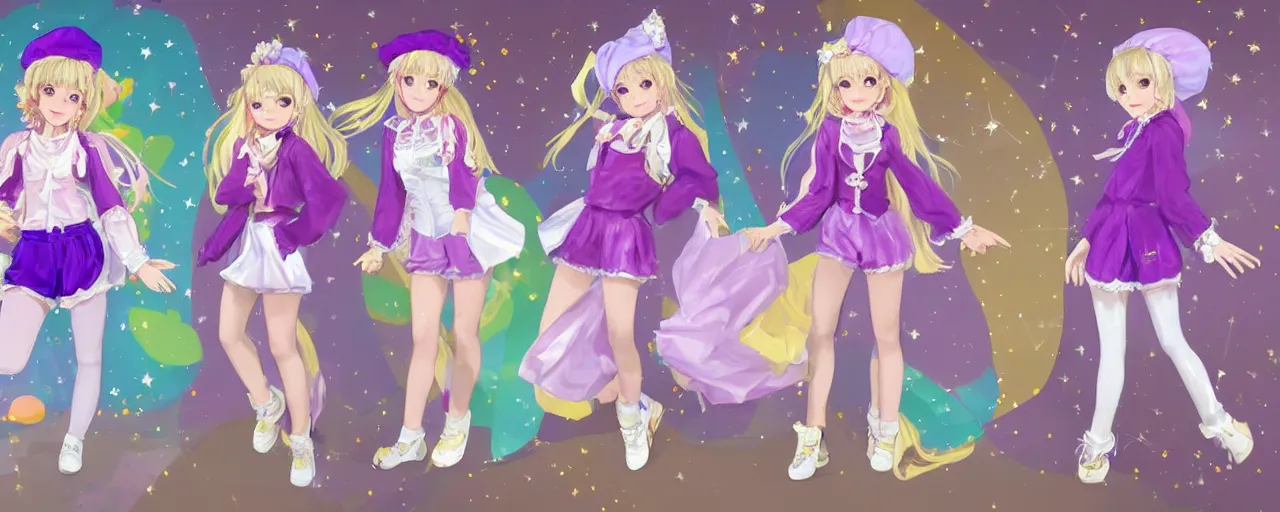 Image similar to A character sheet of full body cute magical girls with short blond hair wearing an oversized purple Beret, Purple overall shorts, Short Puffy pants made of silk, pointy jester shoes, a big billowy scarf, and white leggings. Rainbow accessories all over. Flowing fabric. Golden Ribbon. Covered in stars. Artist Clothes. Painter Clothes. Short Hair. Art by william-adolphe bouguereau and Paul Delaroche and Alexandre Cabanel and Lawrence Alma-Tadema and WLOP and Artgerm. Fashion Photography. Decora Fashion. harajuku street fashion. Kawaii Design. Intricate, elegant, Highly Detailed. Smooth, Sharp Focus, Illustration Photo real. realistic. Hyper Realistic. Sunlit. Moonlight. Dreamlike. Surrounded by clouds. 4K. UHD. Denoise.