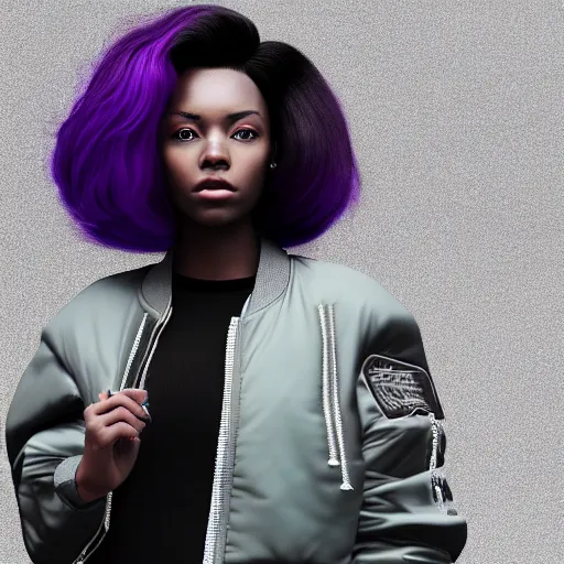 Prompt: black woman, hairstyle = short bob, hair colour = light grey, eyes = purple, wearing dark green bomber jacket, realistic 4 k octane beautifully detailed render, 4 k post - processing, highly detailed, intricate complexity, epic composition, magical atmosphere, cinematic lighting, masterpiece, ultra hd