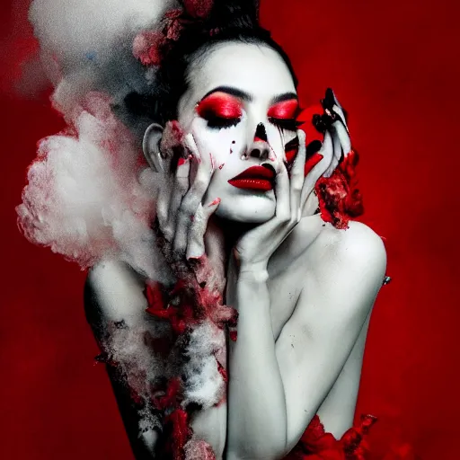 Prompt: artsy painting of a beautiful woman, smoke, red fabric and expensive clothing, by alberto seveso