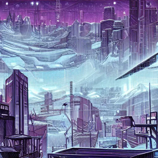 Image similar to mystic winter landscape, cyberpunk by mike allred