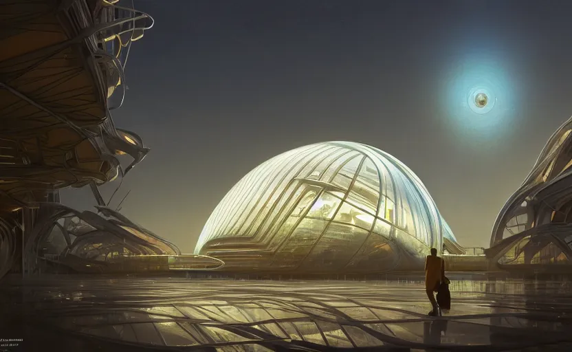 Image similar to exterior shot of utopian architecture transparent building with cinematic lighting by zaha hadid and renzo piano, darek zabrocki and greg ruthkowski, alphonse mucha, simon stalenhag, cinematic, stars, beautiful, holy place, paradise, scifi, futurism, atmospheric, concept art, artstation, trending on artstation