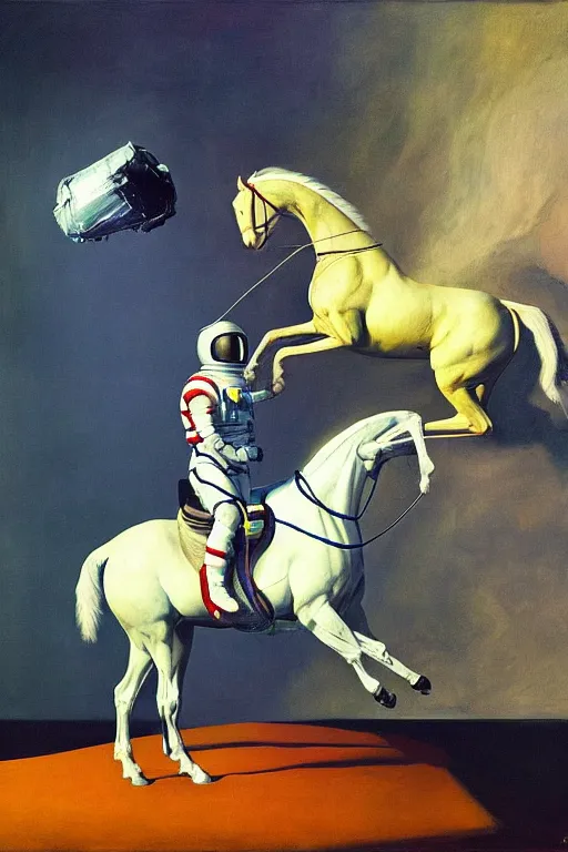 Image similar to an astronaut lifts a horse with his mind and makes it levitate, hauntingly surreal, highly detailed painting by francis bacon, edward hopper, adrian ghenie, gerhard richter, and james jean soft light 4 k,