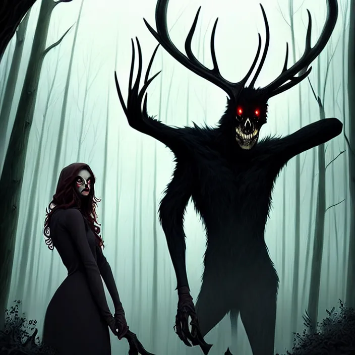 Prompt: style artgerm, joshua middleton, diego fazio, hubert robert : : scary wendigo with antlers and skull face mixed with werewolf : : [ beautiful witch wearing a black dress, symmetrical face, on the right side ] : : in the forest, detailed, dark and foggy, cinematic lighting