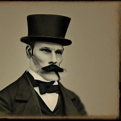 Prompt: A photograph portrait of Jerma in the mid-late 1800s with a top hat and mustache with mutton chops, taken in the mid-late 1800s, taken on a Field View Camera, realistic, hyperrealistic, very realistic, highly detailed, very detailed, extremely detailed, detailed, digital art, trending on artstation
