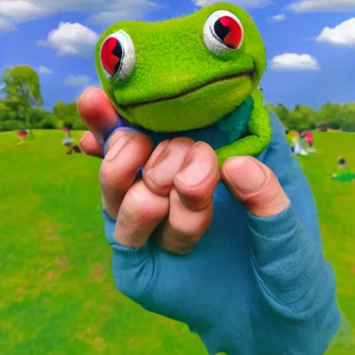 Image similar to alex jones and a gay frog holding hands in the park, sunny day with fluffy clouds,