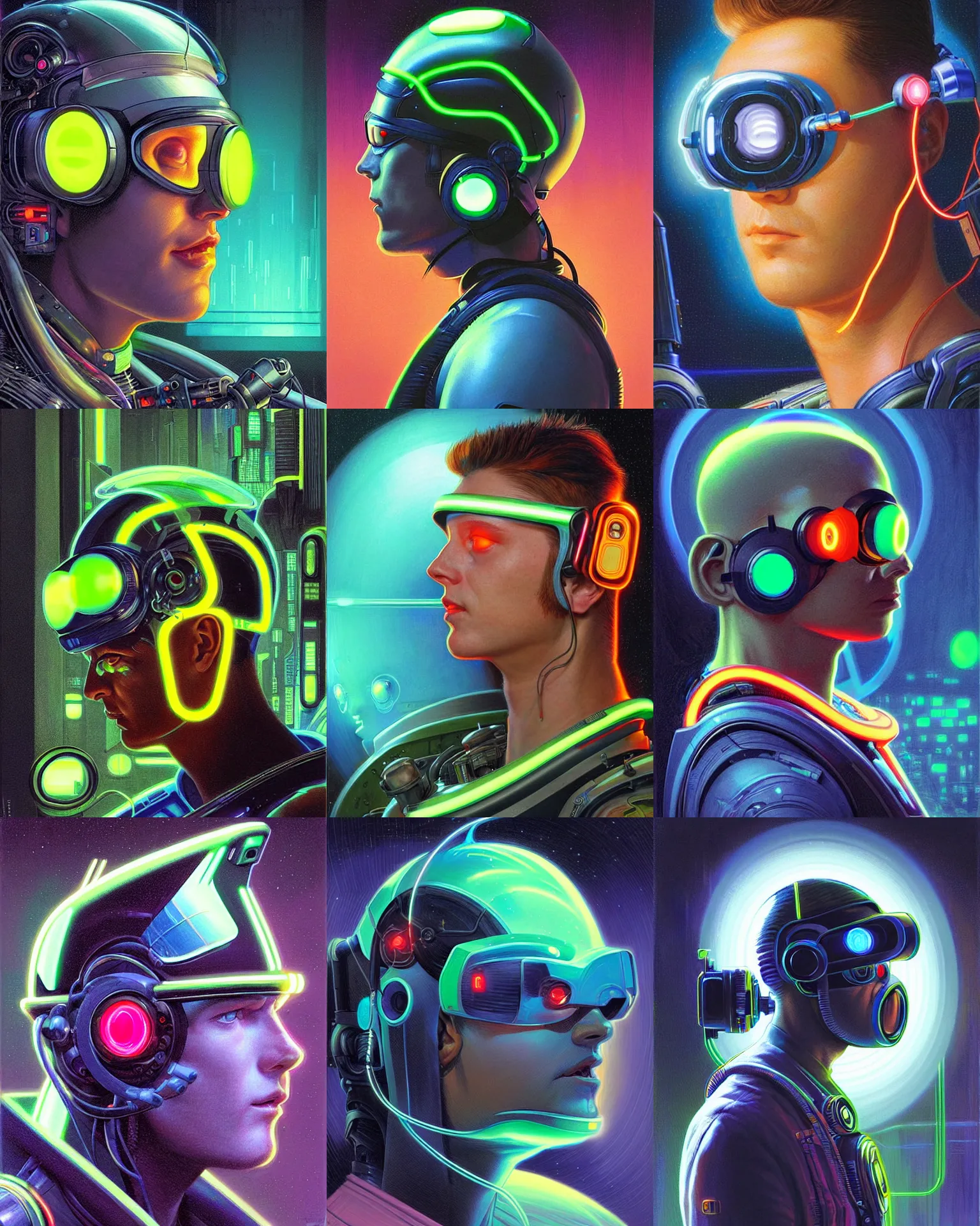 Prompt: sillouete side view future coder man, stylized cyclops display over eyes and sleek glowing headset, neon accents, holographic colors, desaturated headshot portrait digital painting by donato giancola, philip coles, ivan bilibin, john berkey, astronaut cyberpunk electric lights profile