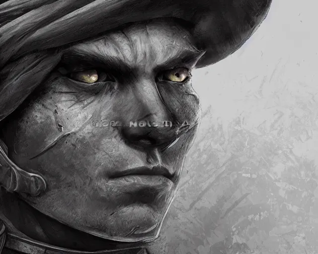 Image similar to A soldier cat warrior in world war one, close-up, realistic face, sharp facial features, mature facial features, black and white, amazing digital art, hyper detailed, artstation, in the style of Tony Sart