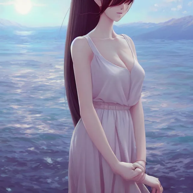 Image similar to infinitely detailed full - body portrait pale female peaceful dream angel wearing elegant clothes. beautiful! scenery art! by wlop & murata range, by ilya kuvshinov. artstation!! / pixiv!!