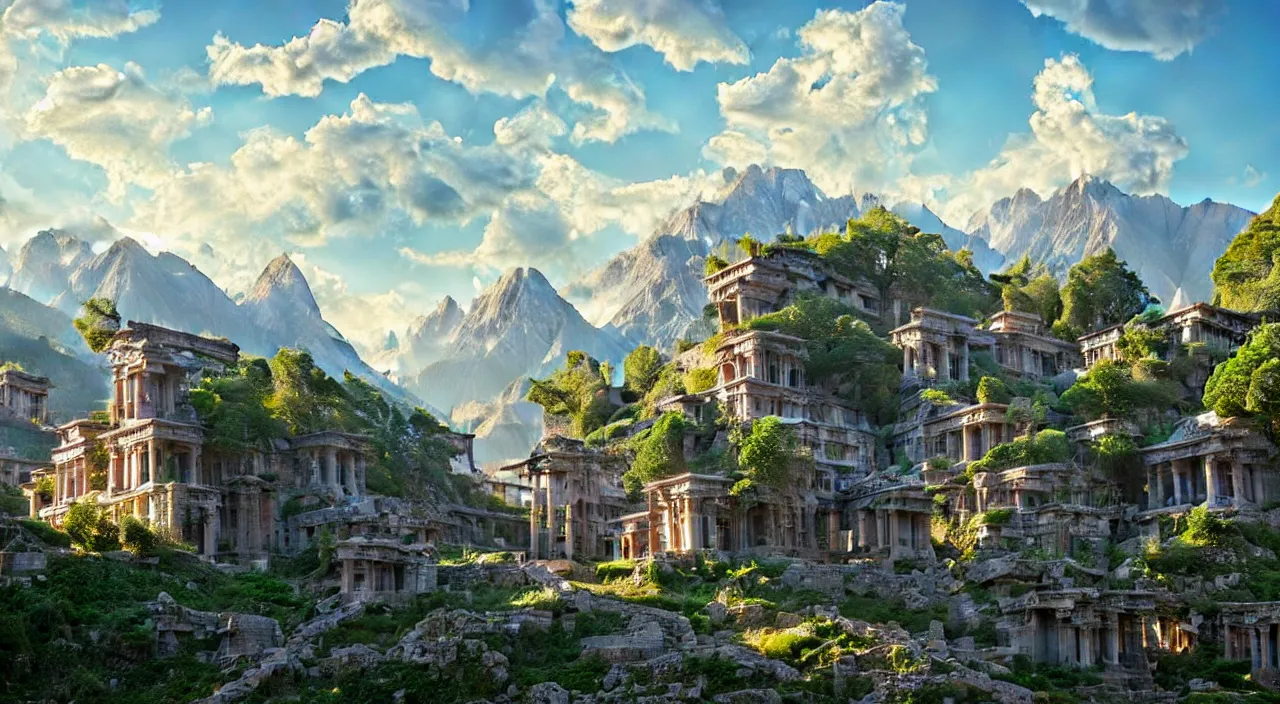 Image similar to retrofutristic city under kashmir mountains, hill valley grec greeble temple of olympus glory island little wood bridge painting of tower ivy plant in marble late afternoon light, wispy clouds in a blue sky, by frank lloyd wright and greg rutkowski and ruan jia