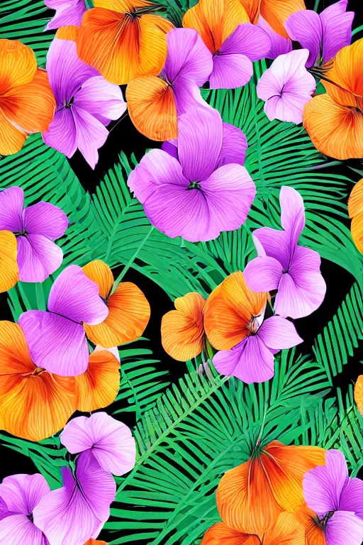 Prompt: sombre detailed vector illustration of photorealistic tropical flowers and green reeds, multiple cohesive colors ranging from warms purples to bright oranges on a ((very dark black background)), 4K resolution, trending on artstation, hd wallpaper