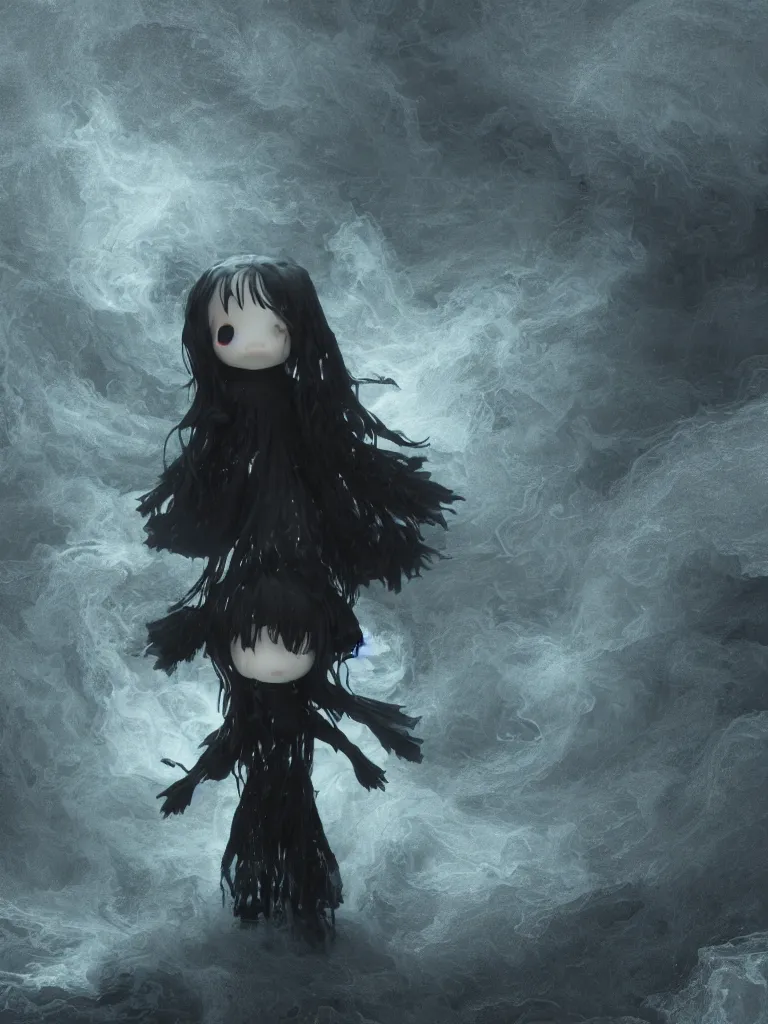 Image similar to cute fumo plush of a cursed frail witch girl sinking into an inky black reflective pond of blackness swirling with strange energetic fluid, volumetric smoke and fog, environment map reflective water, goth, vignette, vray