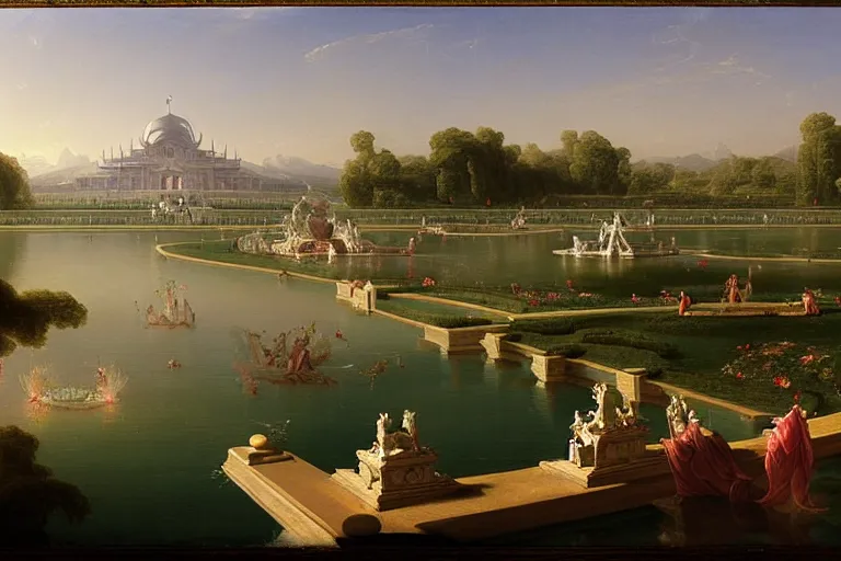 Prompt: infinite dimension of the late summer palace lawns, splendorous fountains and classical architecture, by thomas cole. gargantuan futuristic mechanized citadel in the distance by simon stalenhag and paul lasaine. endless, neverending epic scale, volumetric lighting. luminism, genre painting, romanticism, naturalism, baroque, rococo, neoclassicism