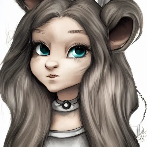 Image similar to 3/4 headshot of young female furry, D&D, cute, fantasy, intricate, long hair, grey skin, mouse face, mouse nose, mouse head, mouse ears, black hair, elegant, highly detailed, cartoony, artstation, concept art, smooth, sharp focus, illustration, art by Diives