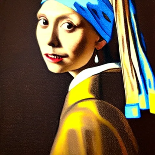 Prompt: oil painting of elizabeth olsen with a pearl earring, painted by Johannes Vermeer, in the style of starry night