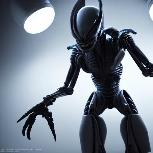 Image similar to futuristic xenomorph alien robot, highly detailed, photorealistic shot, bright studio setting, studio lighting, crisp quality and light reflections, unreal engine 5 quality render