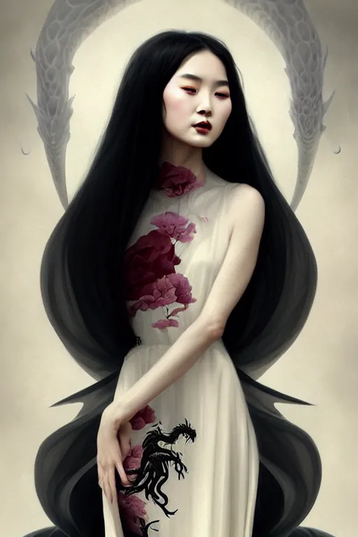 Image similar to chinese princess in a long silk dress, pale, beautiful symmetric face, kissing a black giant dragon, fantasy art, highly detailed art, cinematic atmosphere, volumetric lighting, glow, trending on artstation, by wlop, by le vuong, by tom bagshaw