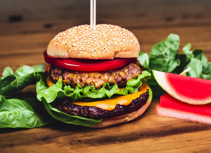 Image similar to dslr food photograph of burger with watermelon on it, 8 5 mm f 1. 8