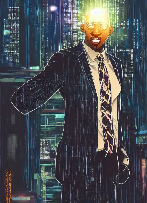 Prompt: manga cover, bald african-american man sticking out his tongue, large tongue, business suit intricate cyberpunk city, emotional lighting, character illustration by tatsuki fujimoto