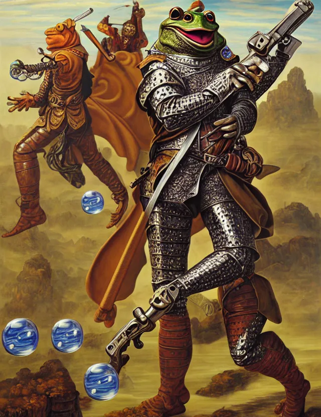 Image similar to anthropomorphic bipedal frog that is dressed as a medieval fighter, and dual wielding revolver pistols, as a baroque oil painting and d & d character art, by alex grey, standing, fullbody, floating bubbles, enlightenment, mystic, concept art, award - winning, extremely detailed, sharp focus