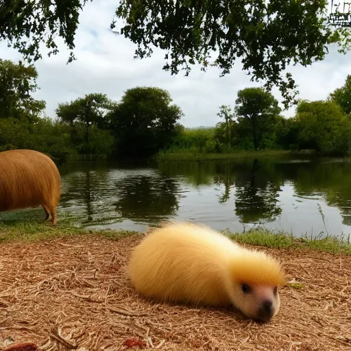 Prompt: cavachon sitting next to a capybara on a field, beautiful pond in the background, hd 1 0 8 0 p dslr photo.