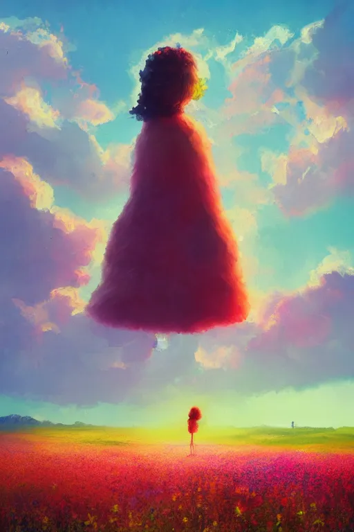 Image similar to giant flower head, girl walking in a flower field, surreal photography, sunrise, dramatic light, impressionist painting, colorful clouds, digital painting, artstation, simon stalenhag