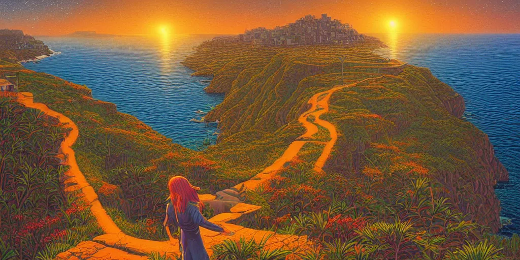 Prompt: epic professional digital art of a lonely street on a cliff over the sea at sunset, by Casey Weldon, dan mumford 8k ultra high definition, upscaled, perfect composition , golden ratio