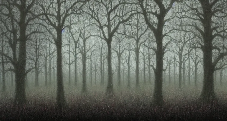 Image similar to A dense and dark enchanted forest with a swamp, by lee madgwick