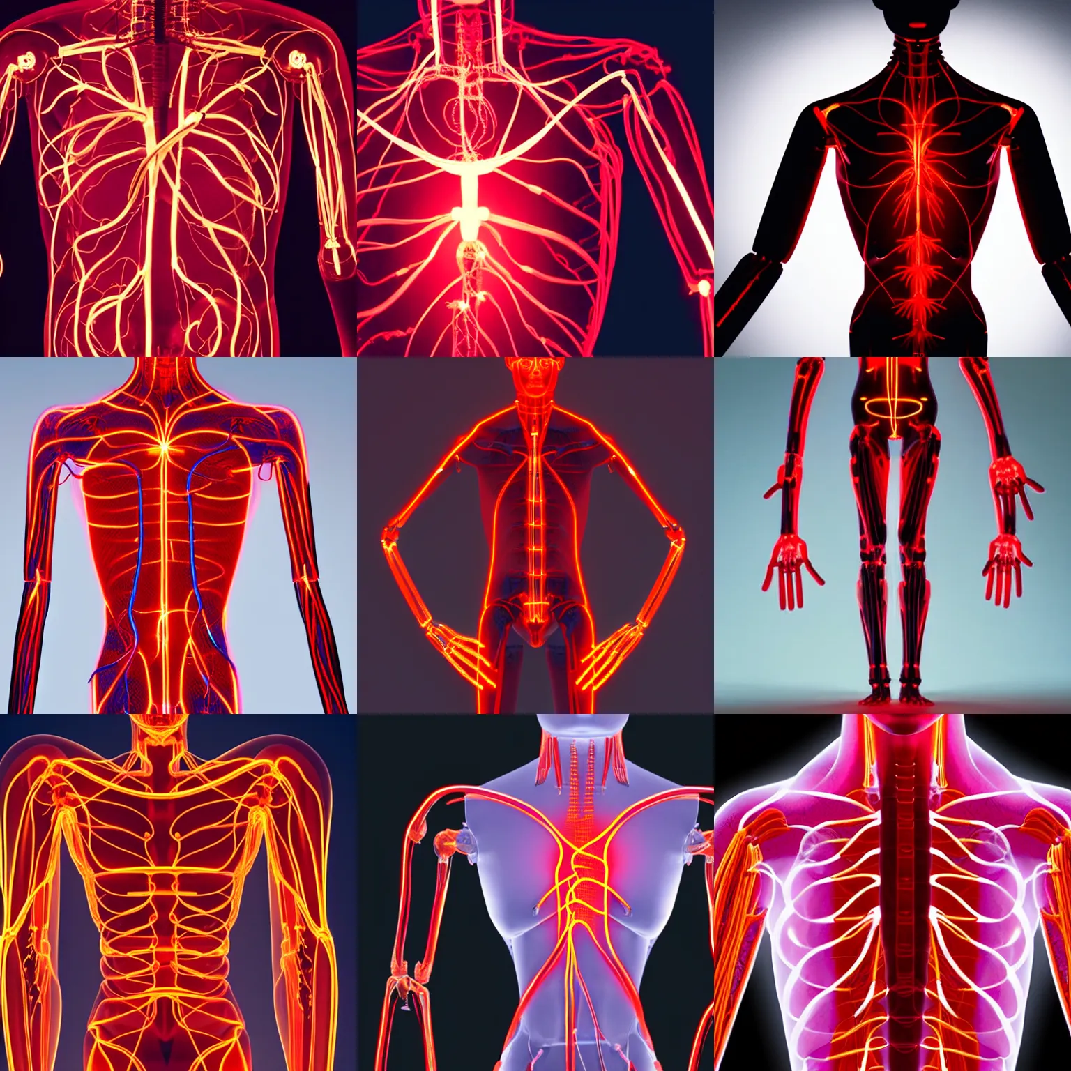 Prompt: a see through torso display of a bio - electrical humanoid, glowing red veins, centerpiece symmetry