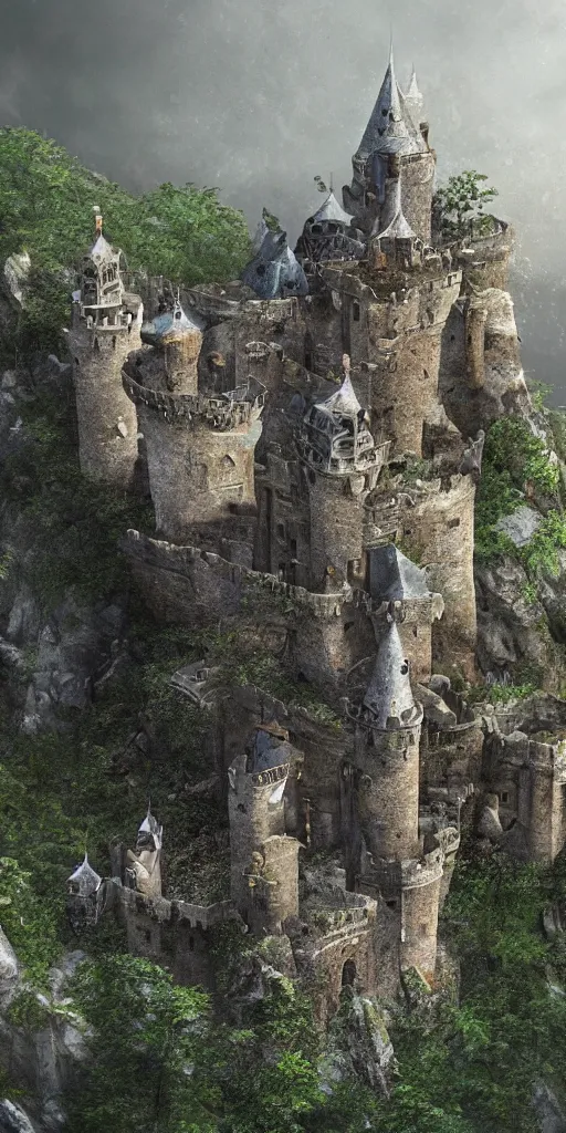 Prompt: a abandoned castle on the edge of a high cliff, 8 k, shallow depth of field, intricate detail, concept art,