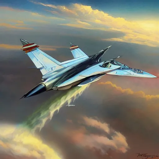 Image similar to Mikoyan MiG-29 soaring in the clouds, highly detailed, digital painting, artstation, concept art, sharp focus, illustration, art by artgerm and greg rutkowski and alphonse mucha