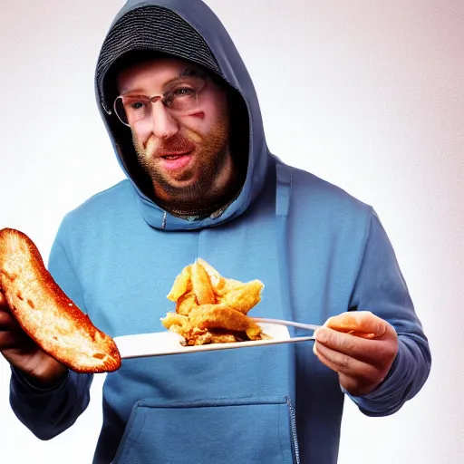 Prompt: photo of a hacker eating spam, studio photo, hdr, award winning photo