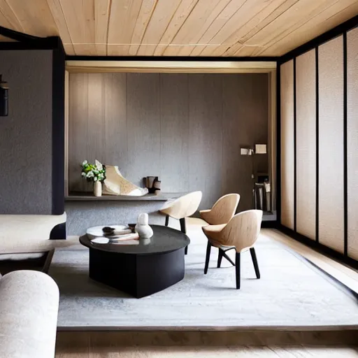 Image similar to lounge and dining room, stone, interior design, stylish luxury hotel living room design, yakisugi, black vertical slatted timber, textures, feminine, black walls, art, Japanese pottery vase with flowers, kakejiku, seasonal, Japanese influences