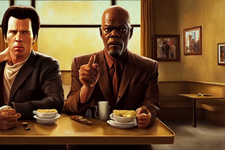 Image similar to painting pulp fiction movie highly detailed full - body samuel l jackson and john travolta posing in cafe, perfect symmetrical eyes, by eddie mendoza and tyler edlin, 8 k resolution, digital art, hyper realistic