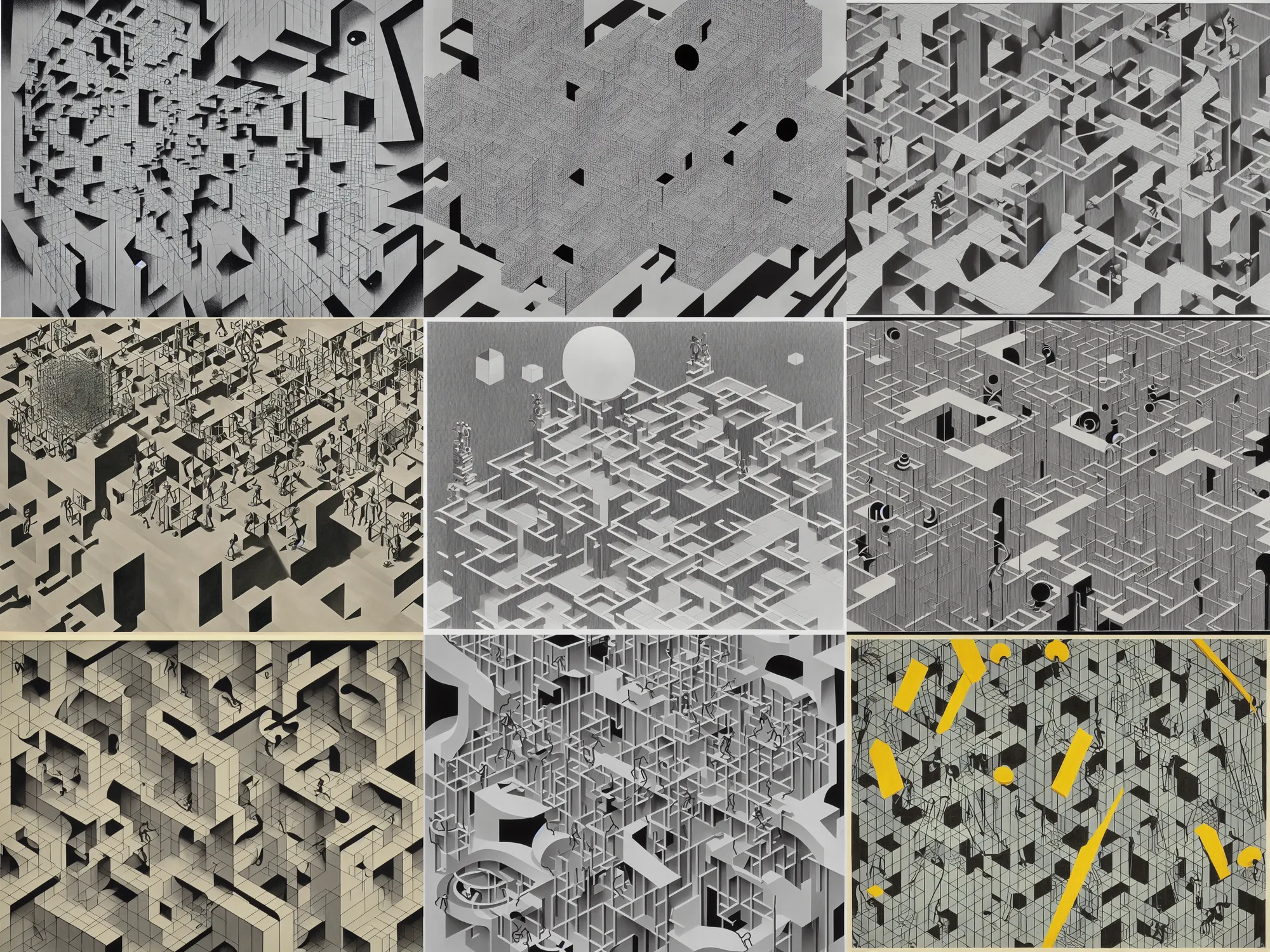 Prompt: intelligent ant build non euclidean architecture in phase 4 by saul bass, painting by m. c. escher and james jean and rene magritte